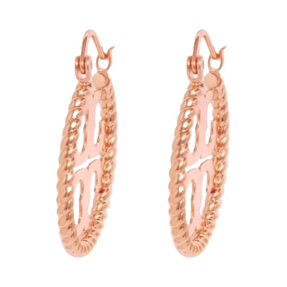 TORY BURCH • Rose Gold Rope Hoop Logo Earrings - Picture 3 of 5